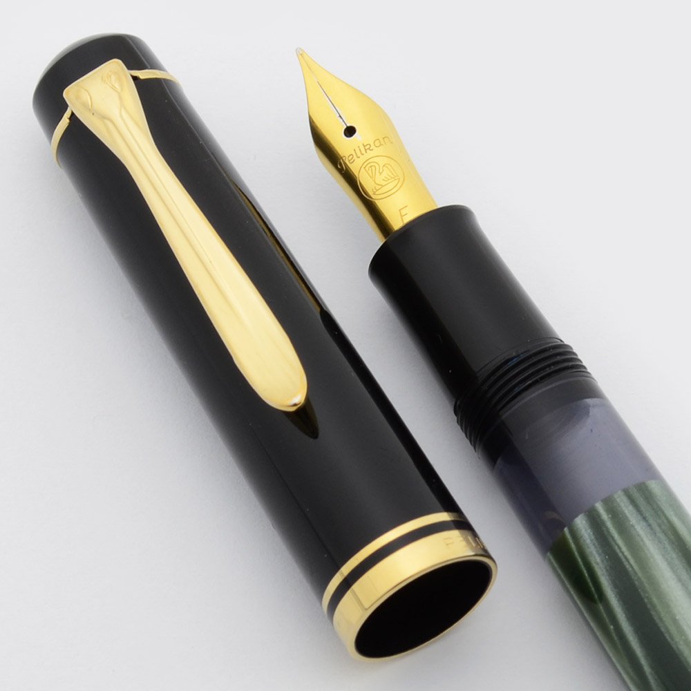 Pelikan M200 万年筆 F 18C-750F PF刻印 Pelikan M200 Fountain Pen - Old Style, Green Marbled, Gold Plated
